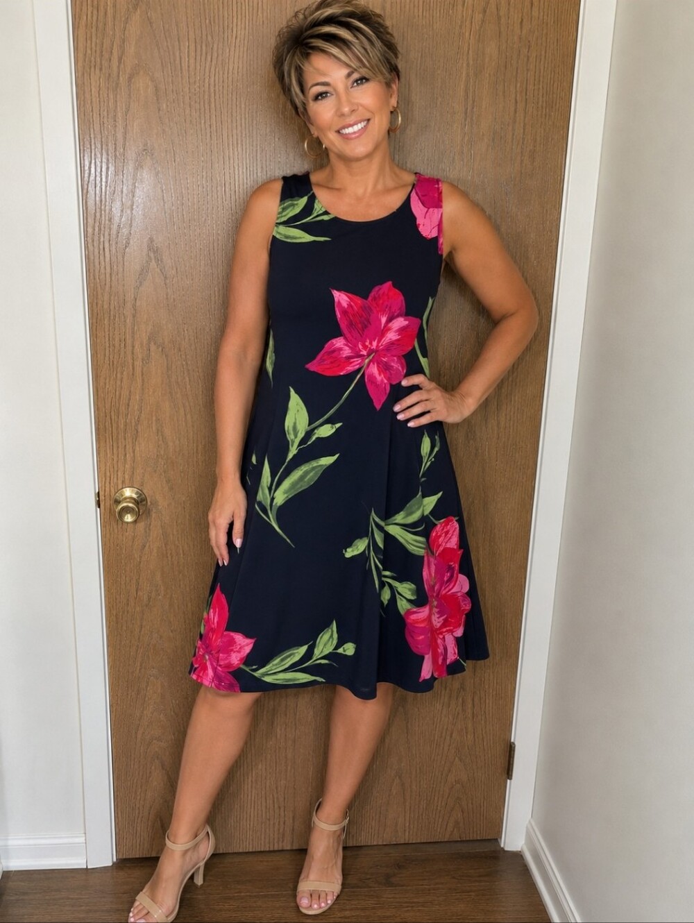 Ann Klein Sleeveless Navy Dress with Pink Floral Print